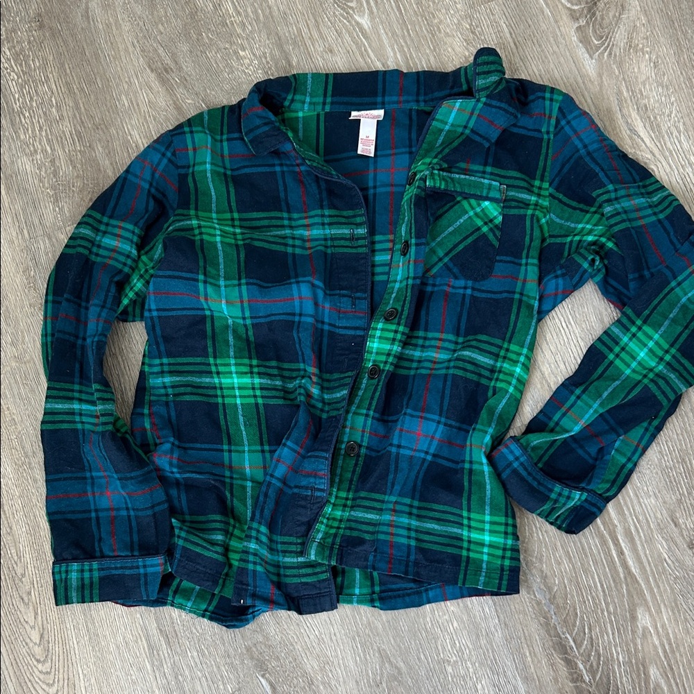 Green and Navy Plaid Button-Up Shirt